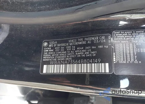 2004 BMW 530I z USA, uszkodzony, nr VIN WBANA73564B804149